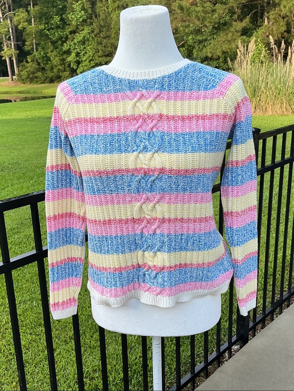 Talbots Pastel Striped Cable-Knit Sweater in Pink, Blue & Cream